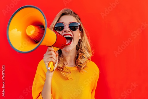 girl with a megaphone loudspeaker in her hands