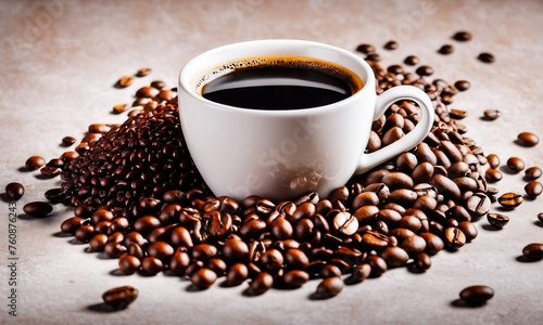 cup coffee beans, hot coffee, espresso coffee cup with beans, coffee bean background © P.W-PHOTO-FILMS