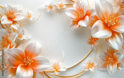  White and gold flowers creating an ornate circular frame on a bright background.