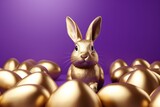 Golden Prosperity: Bunny Amidst Gold Eggs on Purple Backdrop