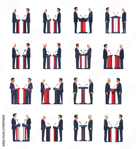 Politicians negotiations simple flat vector set. Presidents ministers podium behind costumes men characters, microphones agreement discussion illustrations isolated on white background