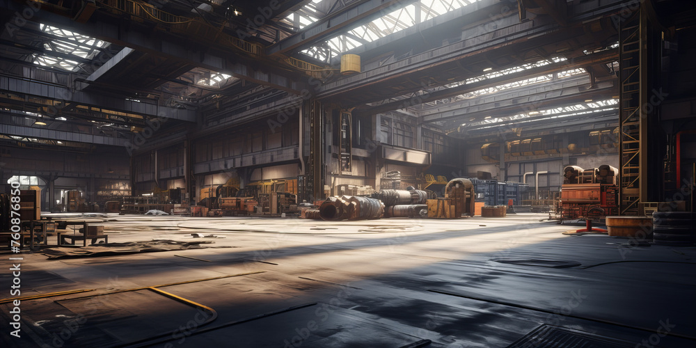 A large industrial hall under the control of cameras. Future Technology. A large industrial hall under the control of cameras. Future Technology.