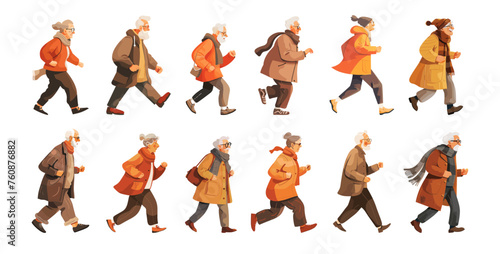 Running elderly people cartoon vector set. Old bearded glasses man woman characters coat jacket accessories active dynamic poses color illustrations isolated on white background