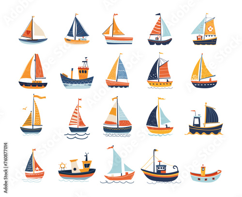Sailing yachts doodle vector set. Marine ships schooners vehicles boats simple design illustrations isolated on white background