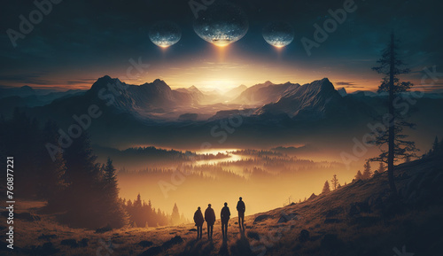 Four people observing mysterious glowing spheres in the sky in a valley at sunset. Large spherical UFOs floating over mountains. Close encounter, contact with extraterrestrial beings. photo