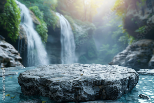 A stone podium with a backdrop of a waterfall and rainforest, a place for your product