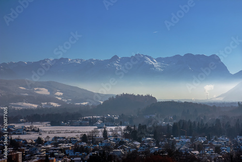 Winter in the Alps. Beautiful view of the mountain ranges in Salzburg in Austria.