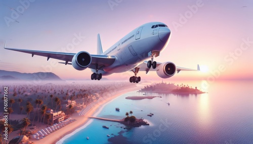 A picturesque view of a flying Airplane over a tropical beach with palm trees  houses against the backdrop of a gentle pink sunrise. Air travel with a travel agency to an exotic country on vacation