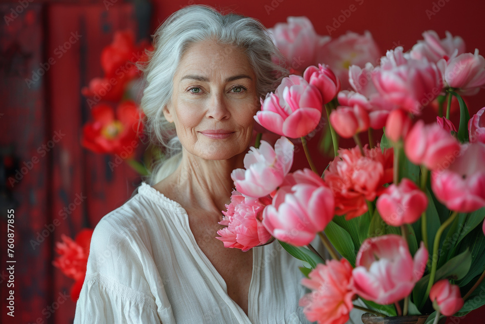 Elegant portrait of a mature woman with a bouquet, radiating happiness and confidence. Elegant portrait of a mature woman with a bouquet, radiating happiness and confidence.