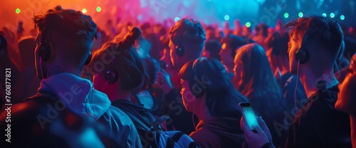 disco club people in headphones dancing