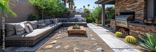 Contemporary backyard with lush greenery, stone patio and stylish outdoor furniture for entertaining.