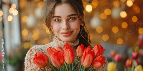A romantic springtime portrait of a beautiful woman holding a bouquet, exuding tenderness and style.