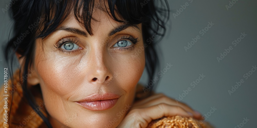 An elegant portrait of a pretty brunette woman, with a perfect, fresh face and captivating smile.