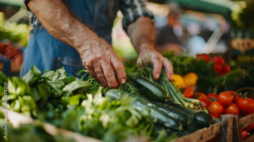 An elderly man's hands choosing fresh vegetables from a vibrant farmers' market stall.