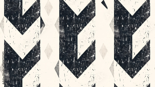 A visually striking black and white pattern featuring a series of sharp and bold arrows overlapping and intertwining in a dynamic and cohesive design. Banner. Copy space photo