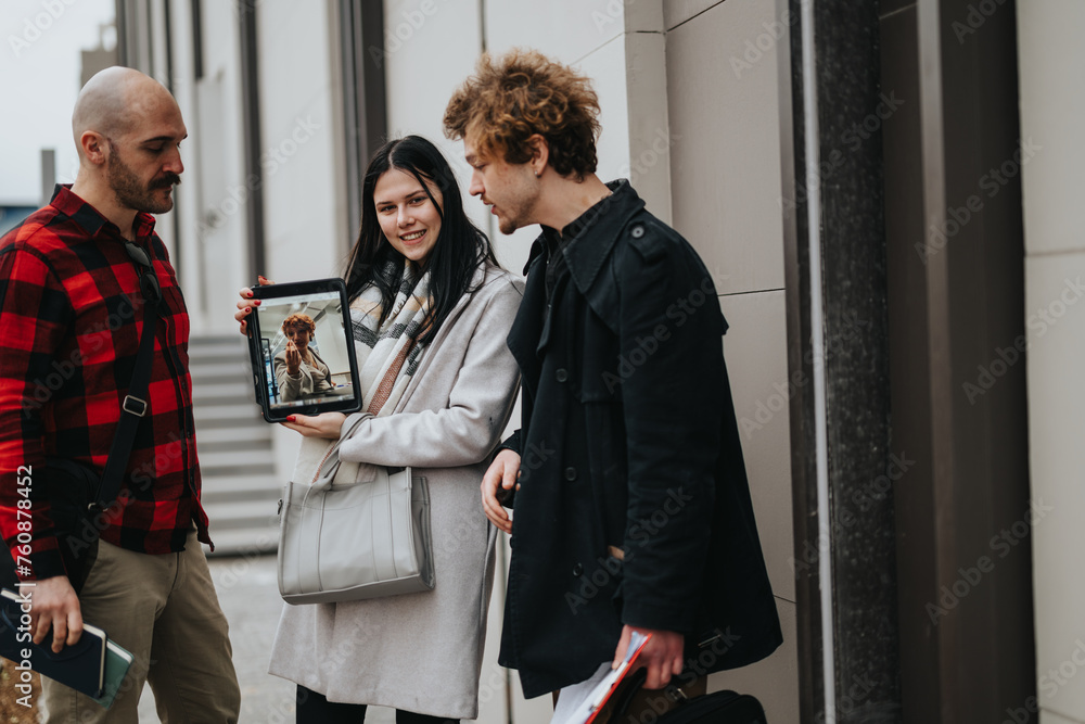 A group of business associates convenes outside for a meeting, using a tablet to review concepts. A group of business associates convenes outside for a meeting, using a tablet to review concepts.