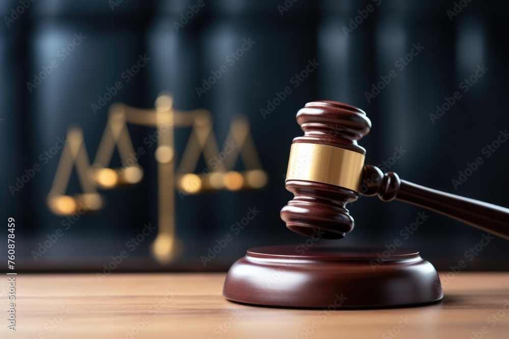 A judge's wooden gavel in the foreground with the scales of justice illuminated in the background. Judge's Gavel With Scales of Justice Background