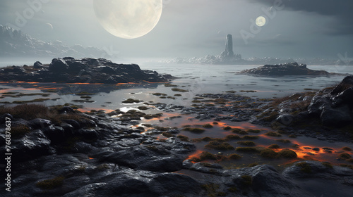 Primordial alien world with dark rocky terrain, shallow water, moons in the sky. Gloomy, uninhabited exoplanet. Scientistic discovery, exploration of the universe. photo