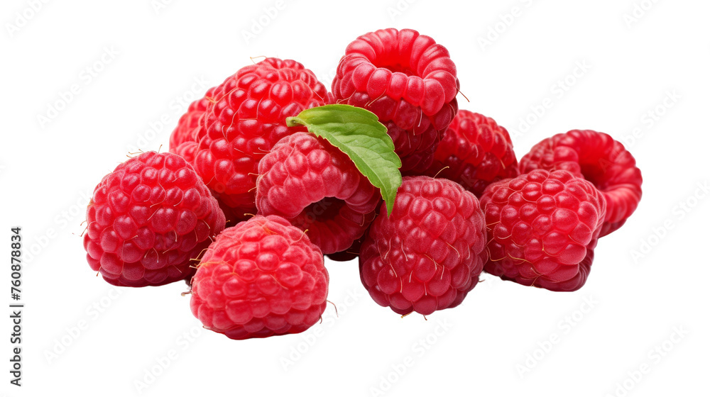 Juicy raspberries stacked on each other, topped with fresh green leaves Juicy raspberries stacked on each other, topped with fresh green leaves