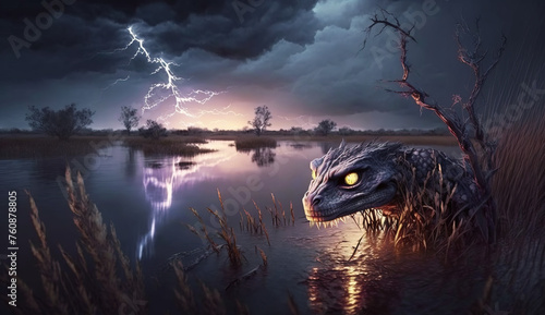 Scary reptilian creature with glowing yellow eyes, emerging from water. Lightning reflecting in a dark lake. Thunderstorm on an eerie alien planet. Extraterrestrial world.