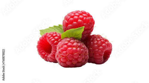 Raspberries with vivid green leaves scattered on a pristine white background