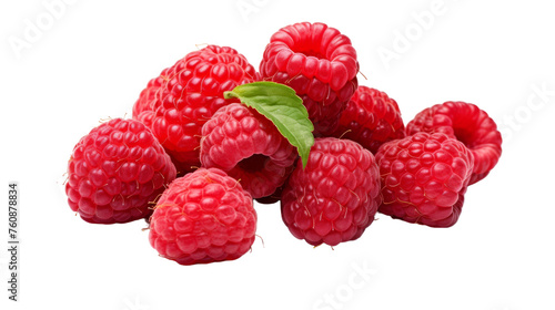 Juicy raspberries stacked on each other, topped with fresh green leaves
