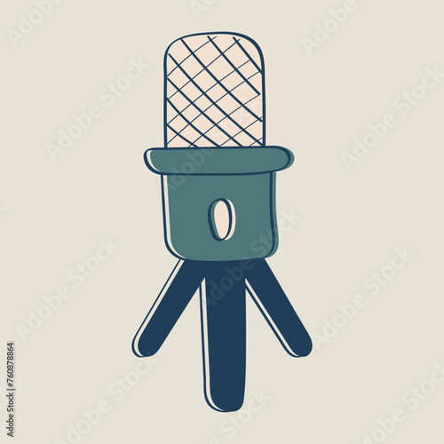 Studio Microphone Desktop for podcasts, streaming. Equipment for dubbing, voice recording. Professional Technology. Mic with three-legged stand. Doodle. Drawn color outline image. Vector illustration
