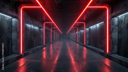 Futuristic concrete tunnel with red led neon light, abstract underground garage background. Theme of corridor, warehouse, dark room, interior, future, technology