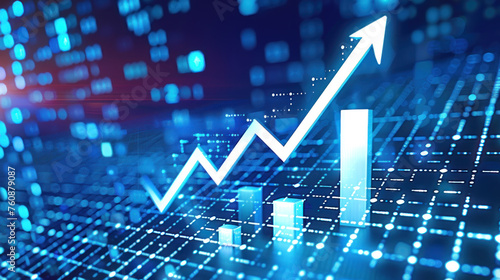 Financial growth visualization. Arrow up and stock market bars on digital background, illustrating success and investment in business and finance photo
