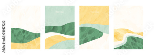 Abstract agriculture field landscape vector illustration. Agro farm valley background. Green ecology pattern with texture. Set of eco card, poster, brochure or flyer. Simple rural countryside view