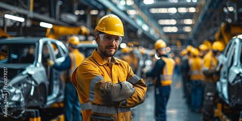 Engineer supervising robots assembling cars in bustling automotive plant . Concept Technology, Automotive Industry, Robotics, Factory Supervision, Engineering