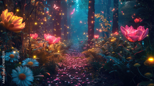 Magical luminous flowers in fairy tale forest at night, beautiful glowing plants and lights in fantasy woods. Concept of wonderland, path, nature © Natalya