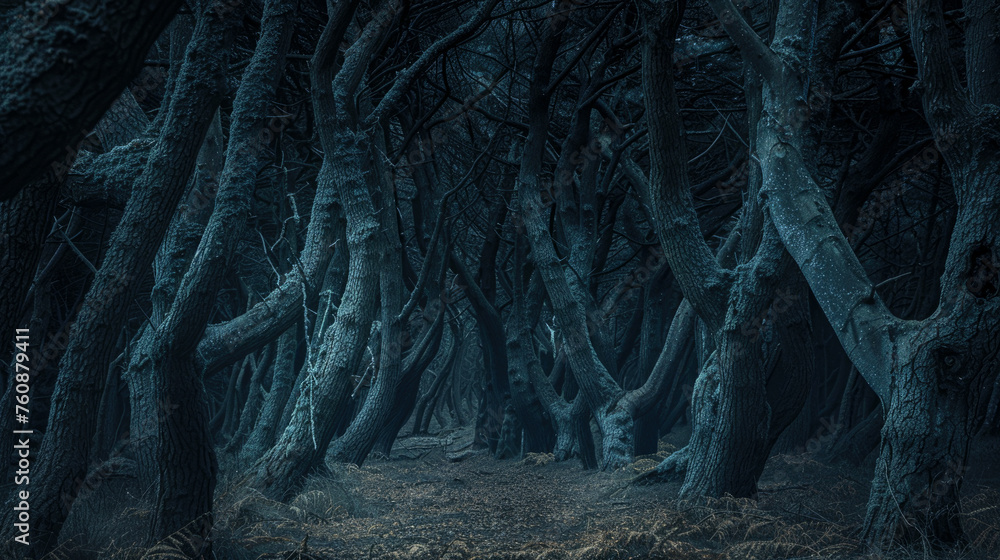 Dark spooky creepy woods at night, path in scary fairy tale forest, landscape with dry trees. Theme of fantasy, haunted nature, Halloween, background