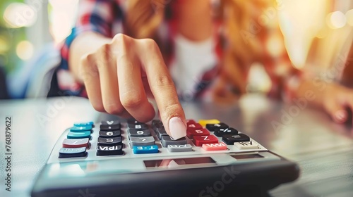 Woman s hand using calculator to calculate balance for tax reduction, income, and budget expenses