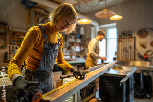 Focused craftswoman carpenter measuring wooden plank with tape measure, making marks in carpentry workshop with colleague on background. Female woodworker in apron working with lumber. Woodwork, DIY.