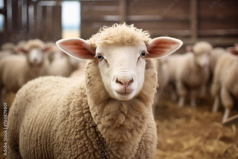 Cute fluffy sheep looking at camera on ecological livestock farm among other sheep