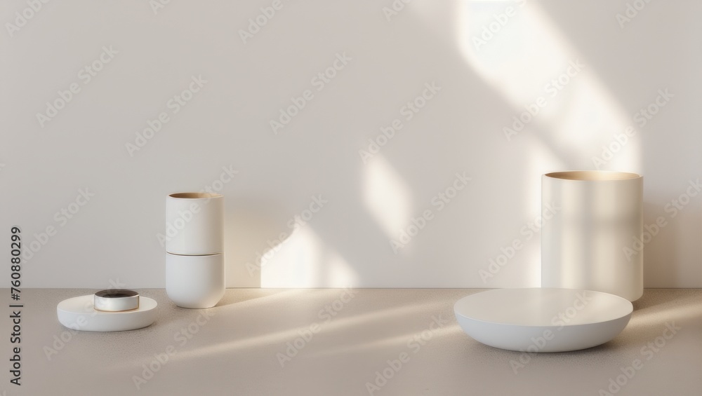 Blank beige brown cement curve counter podium with texture, soft beautiful dappled sunlight, leaf shadow on white wall for luxury organic cosmetic, skincare, beauty treatment product background Blank beige brown cement curve counter podium with texture, soft beautiful dappled sunlight, leaf shadow on white wall for luxury organic cosmetic, skincare, beauty treatment product background