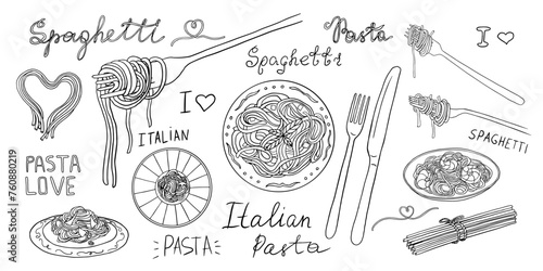 Set of pasta, Italian cuisine, spaghetti, fork with spaghetti and lettering in doodle style. Pasta time. Pasta lover. Hand drawn. Great for menu design, banners, sites, packaging. Vector illustration