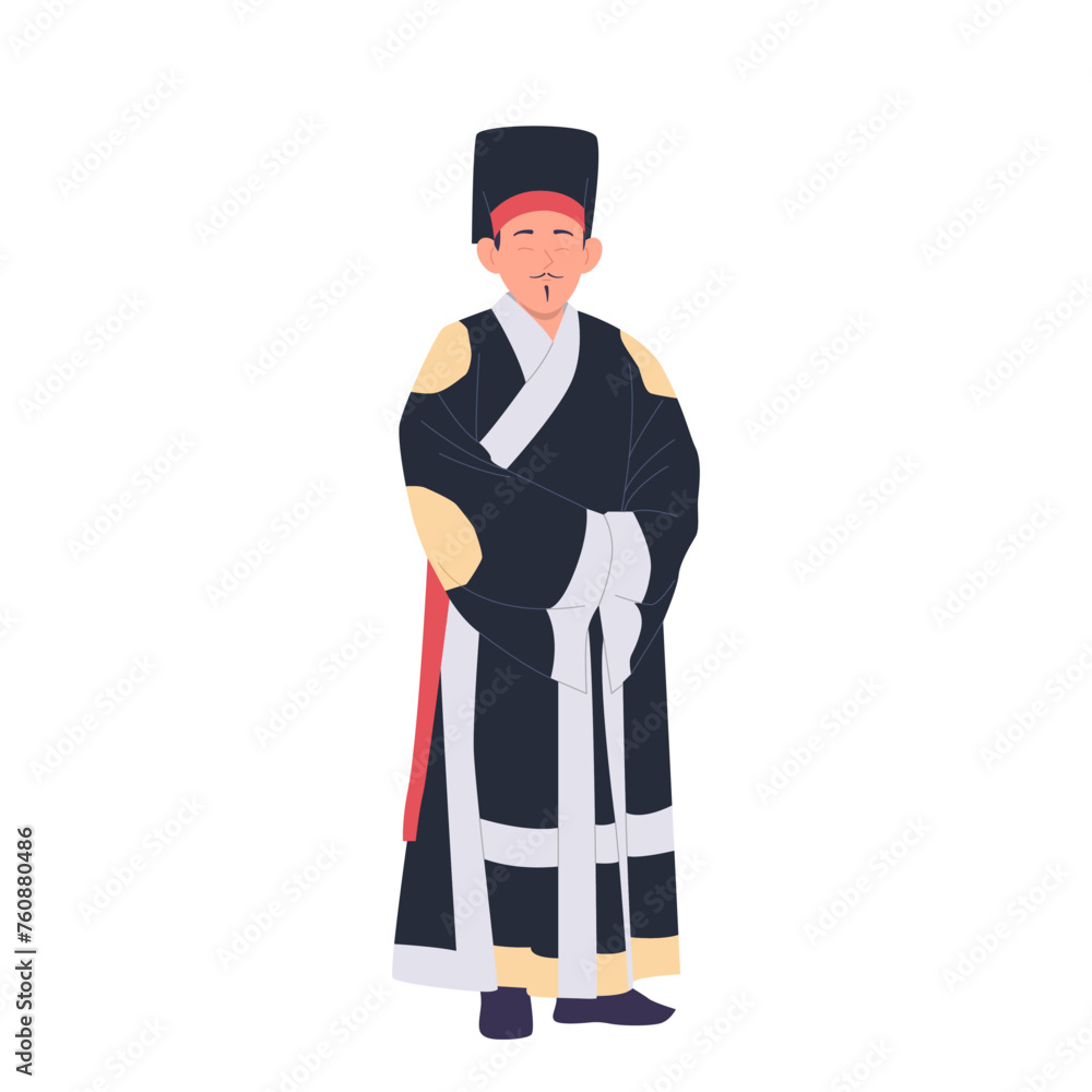 Adult Chinese man cartoon character wearing national costume and hat standing isolated on white Adult Chinese man cartoon character wearing national costume and hat standing isolated on white
