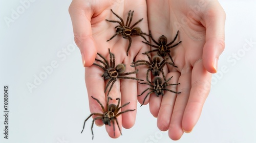 hairy spiders in woman's hands isolated on white background