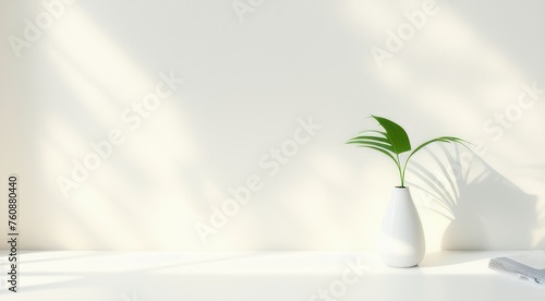  Blurred shadow from palm leaves on light cream wall. Minimalistic beautiful summer spring background for product presentation