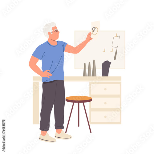 Mature man jeweler cartoon character creating gold ring with precious gem for new jewel collection