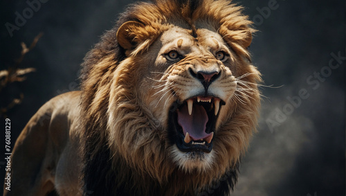 Portrait of an angry roaring male lion 