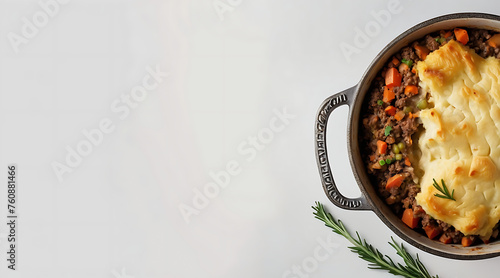 Gourmet Shepherd’s Pie - sprig of rosemary is placed next to the dish as garnish or decoration, negative space for text photo