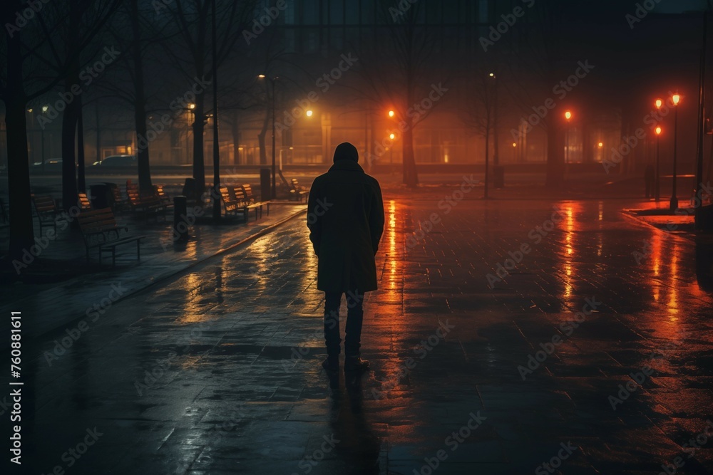 portrait of a man viewed from the back. loneliness in the city, a lonely man, a guy among home and people sitting on a bench in the rain. lonely life, ascetic, wisdom, depression, difficult life stage portrait of a man viewed from the back. loneliness in the city, a lonely man, a guy among home and people sitting on a bench in the rain. lonely life, ascetic, wisdom, depression, difficult life stage