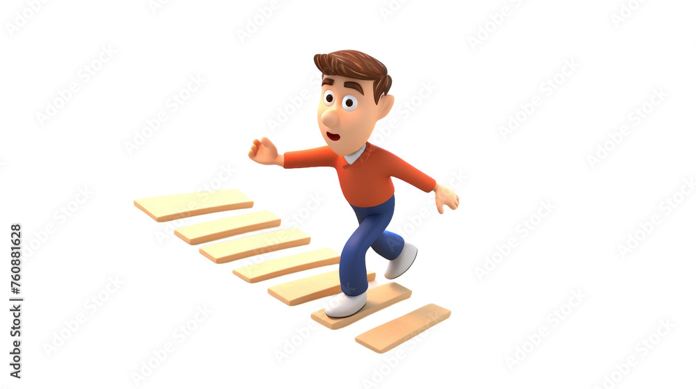 A man gracefully climbs up a wooden stair with determination A man gracefully climbs up a wooden stair with determination
