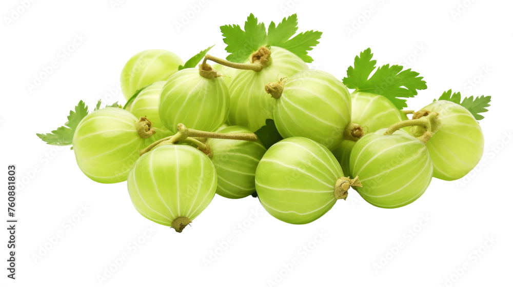 A cluster of fresh green grapes with vibrant leaves resting on a pristine white background A cluster of fresh green grapes with vibrant leaves resting on a pristine white background