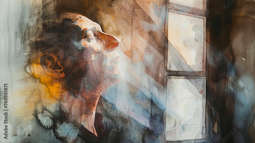 A captivating painting of a lone figure gazing pensively out a window, bathed in warm light. The individuals expression conveys deep introspection as they peer into the distance. Banner. Copy space
