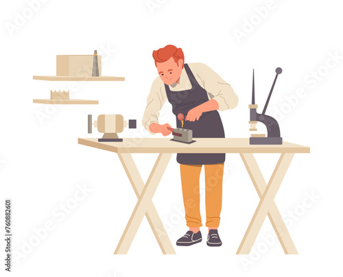 Man jeweler cartoon characters casting gold jewelry at workshop isolated on white background