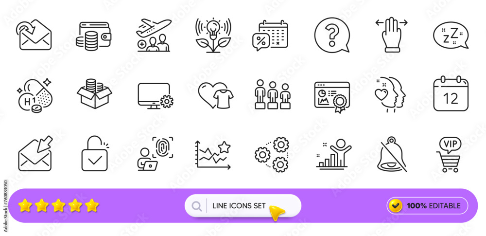 Discounts calendar, Passenger and Heart line icons for web app. Pack of Equality, Incubator, Lock pictogram icons. Annual calendar, Mute, Money box signs. Computer fingerprint, Sleep. Vector